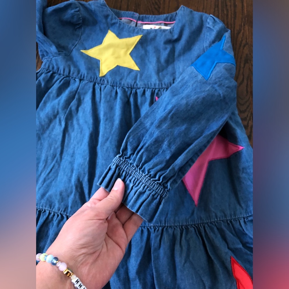 Mini Boden Girls 7-8 Denim Long-Sleeved A-Line Knee-Length Star Applique Dress - Picture 8 of 13
